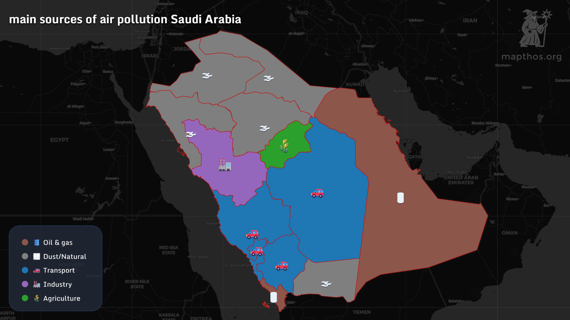 Map showing main sources of air pollution in Saudi Arabia 2025